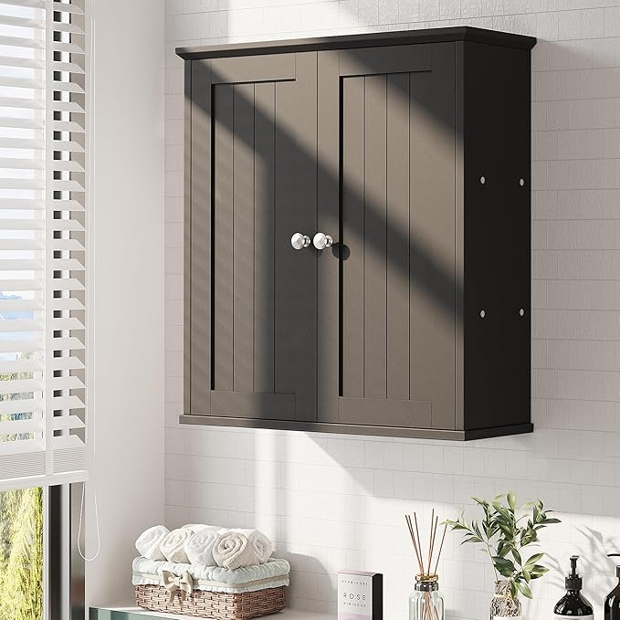 Walsunny Bathroom Medicine Cabinet Wall Mount with 2 Doors and 2 Shelves, Small Bathroom Cabinet Wooden Storage Cabinet Over Toilet Restroom Laundry Room Kitchen, Black