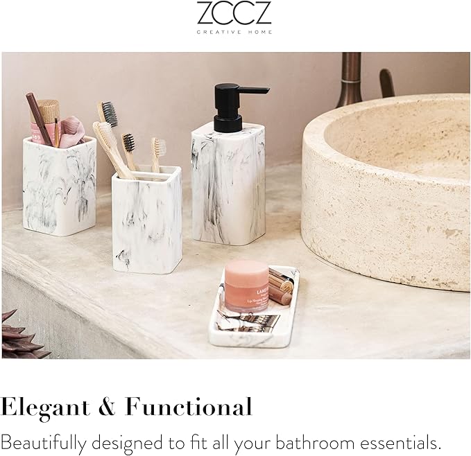 ZCCZ Bathroom Accessory Sets, 4 Pieces Bathroom Accessories Complete Set Vanity Countertop Accessory Set with Marble Look, Includes Lotion Dispenser, Toothbrush Holder and Tray (White Marble Look)