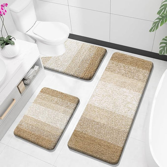 OLANLY Bathroom Rugs Sets 3 Piece, Soft Absorbent Microfiber Bath Mats and U-Shaped Contour Toilet Rug, Plush Shaggy Bath Mat Set for Bathroom (47"x20"+24"x16"+24"x20", Tan)