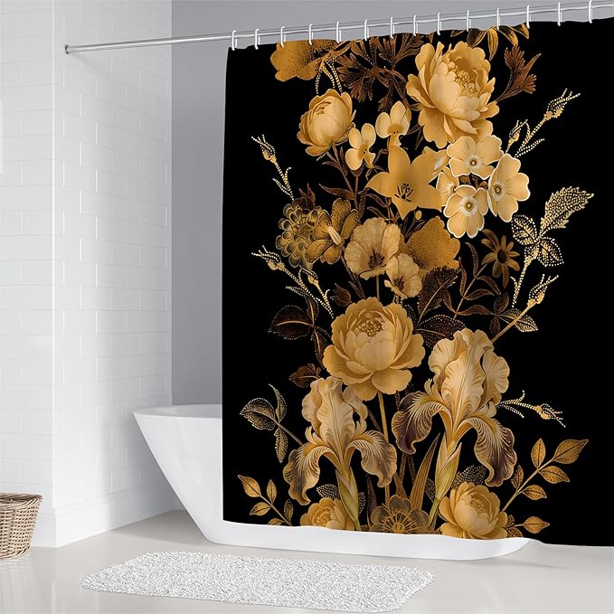 FZDHHY 4Pcs Black and Orange Shower Curtain Set, Luxury-Floral Bathroom Sets, Modern Simple Bathroom Sets with Shower Curtain and Rugs, Shower Curtain with 12 Hooks