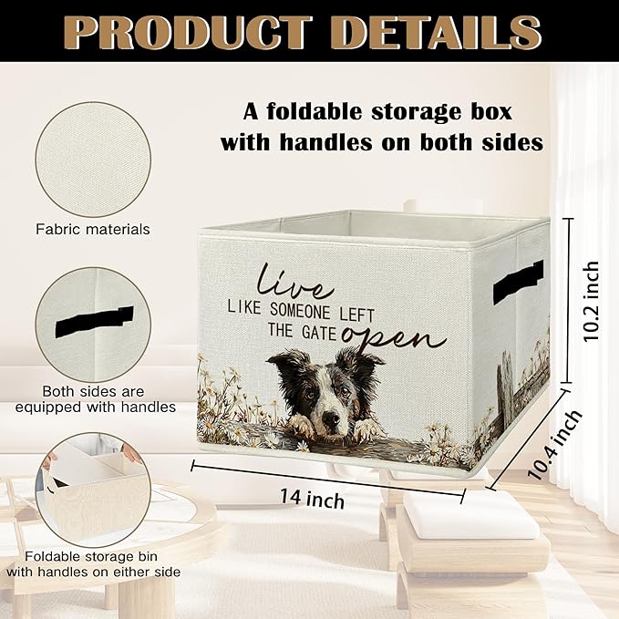 Border Collie Gifts Storage Bins with Handles, Rustic Farmhouse Dog Foldable Basket for Organizing, Live Like Someone Left the Gate Open Collapsible Storage Basket for Bedroom Bathroom