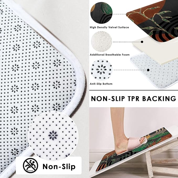 Brown Boho Mid Century Shower Curtain Set with Toilet Lid Cover and Non-Slip Rugs, Abstract Retro Grey Background 4 Pcs Modern Minimalist Aesthetic Shower Curtain for Bathroom Set with 12 Hooks