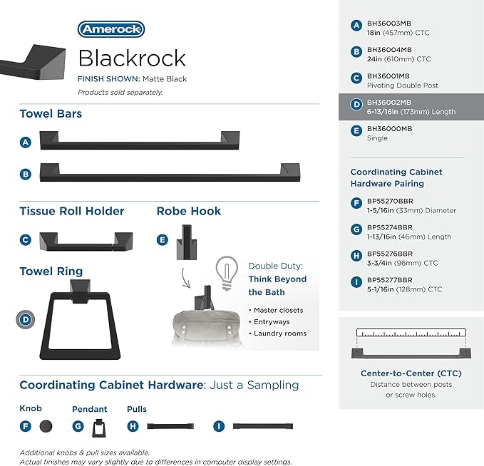 Amerock BH36002MB | Matte Black Towel Bar | 6-13/16 in (173 mm) Length Towel Holder | Blackrock | Hand Towel Holder for Bathroom Wall | Small Kitchen | Bath Accessories