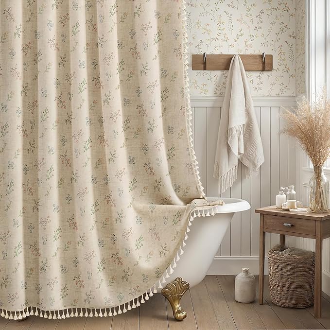 Floral Vintage Linen Shower Curtain, French Country Shower Curtains for Bathroom with Tassels, 72Wx84H