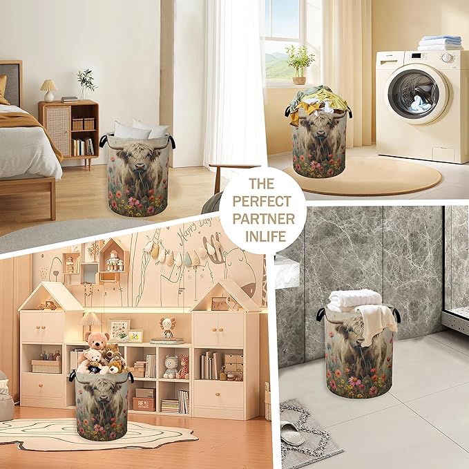 Highland Cow Laundry Hamper,Watercolor Spring Flower Clothes Hamper for Laundry,Waterproof Oxford Toy Storage Collapsible Hampers for Bedroom, Dorm Room,Bathroom,16x20 Inch