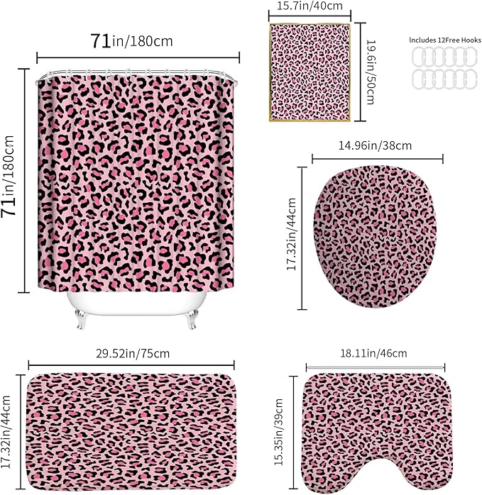 Onalasyc 5Pcs Pink Leopard Shower Curtain Set, Wall Painting Bathroom Sets with Shower Curtain and Rugs, Cheetah Print Bathroom Wall Art Decor Painting Shower Curtains Sets with Rugs
