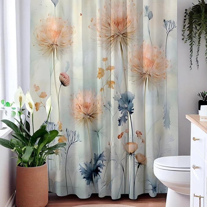 Watercolor Floral Shower Curtains with Dandelion Decor,Botanical Wildflower Shower Curtain 72x72 Inch,Light Blue and Pink Flower Waterproof Polyester Bath Accessories for Home and Apartment