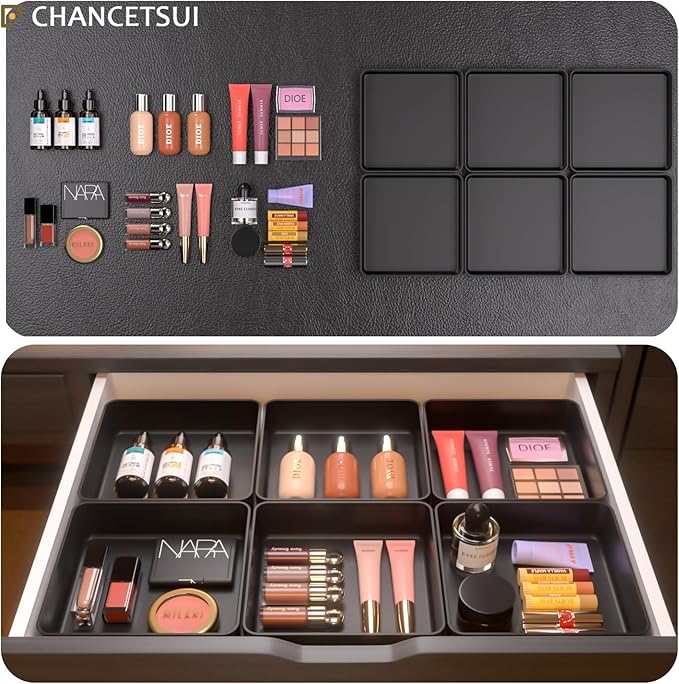 CHANCETSUI Black Stackable Vanity Organizer Trays: Thick Makeup Holder for Countertop, Shallow Drawers