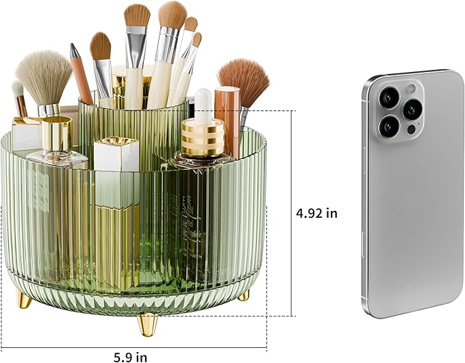 Clear Rotating Makeup Organizer Countertop for Vanity, 360?? Makeup Brush Holder Organizer with 5 Compartments, Transparent Cosmetic Storage for Lipstick, Skincare, Bathroom Counter(Transparent Green)