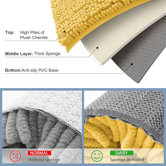Smiry Luxury Chenille Bathroom Rugs 59x35, Extra Soft and Absorbent Shaggy Bath Mat, Machine Washable, Non-Slip Plush Carpet Runner for Tub, Shower, and Floor, Home Decor Accessories, Yellow