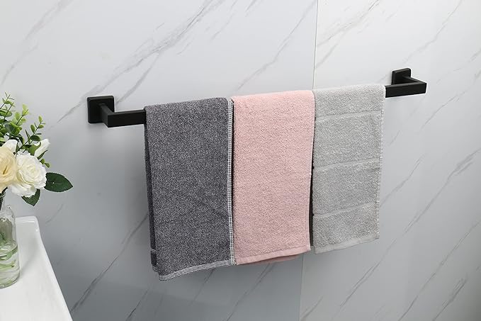 TocTen Bath Towel Rack - Square Base Thicken SUS304 Stainless Steel Towel Bar for Bathroom, Bathroom Accessories Towel Rod Heavy Duty Wall Mounted Towel Holder. (Black, 30)