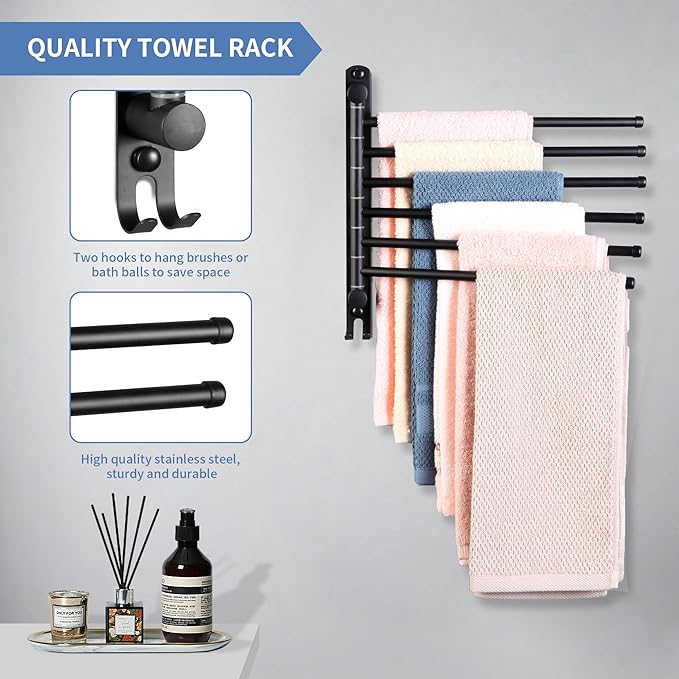 Swivel Towel Rack, 12.6 Inch Towel Bar with Wall Mounted 180° Rotation, 6 Arms Towel Hanger SUS 304 Stainless Steel, Space Saving for Kitchen, Bathroom, Outdoor, Matte Black