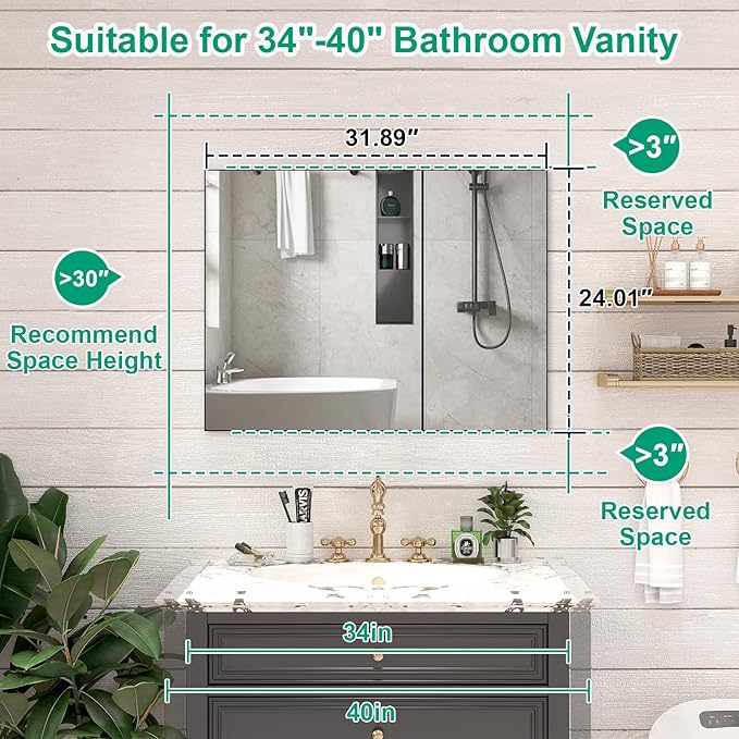 32 x 24 Farmhouse Medicine Cabinet, Tempered Frameless Bathroom Mirror with Storage, Black Recessed or Surface Mount Aluminum Medicine Cabinet for Bathroom Modern