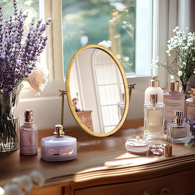 Vintage Makeup Desk Mirror, 11.8" L x 7.9" W Antique Gold Vanity Table Mirror, Metal Framed Oval Small Standing Mirrors, 360 Adjustable Rotation Mirrors for Tabletop, Bathroom