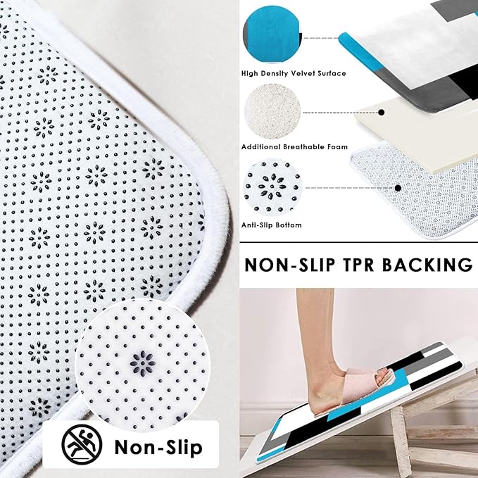 Blue Geometric Shower Curtain Set with Toilet Lid Cover and Non-Slip Rugs for Bathroom, Black White Grey Checkered 4 Pcs Shower Curtain, Modern Abstract Bathroom Set with 12 Hooks