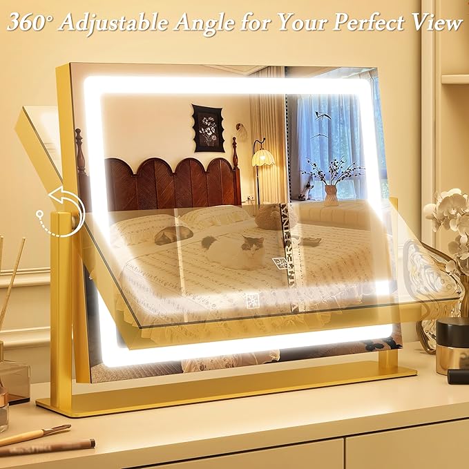 12" x16" LED Vanity Mirror with Lights, Gold Makeup Mirror with Lights, 10X Magnification Mirror with 3 Color Modes＆Dimmable, Light up Makeup Mirror for Vanity Desk, Travel