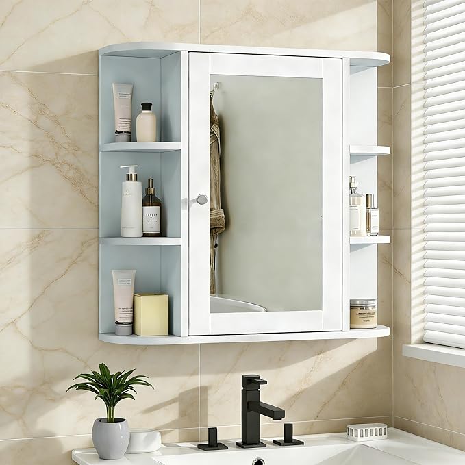 Merax Bathroom Wall Storage Cabinet with Mirror, 26 Inch Medicine Cabinet with Mirror Doors & Adjustable Wood Shelf, Space-Saving Modern Mounted Storage Cabinets with 6 Open Shelves, White