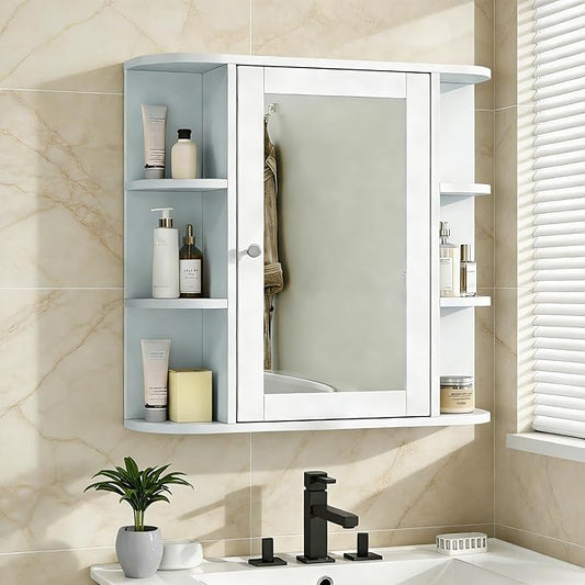 Merax Bathroom Wall Storage Cabinet with Mirror, 26 Inch Medicine Cabinet with Mirror Doors & Adjustable Wood Shelf, Space-Saving Modern Mounted Storage Cabinets with 6 Open Shelves, White