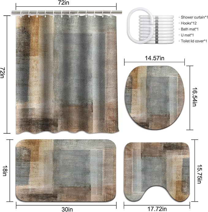 Lnond 4Pcs Bathroom Shower Curtain Sets with Rugs,Brown Gradient Painting Art Bathroom Sets with Shower Curtain and Rugs and Accessories