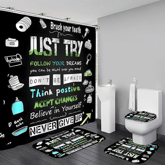 AZHM Black Inspirational Quotes and Positive Phrases Pattern Shower Curtain Set for Bathroom 4 Pcs Whimsical Design Bathroom Accessory Decor Sets with Shower Curtain and Rugs
