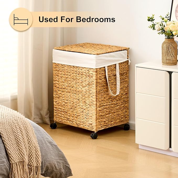 Rolling Laundry Hamper with Lid, Natural Water Hyacinth Basket with Removable Liner, Wheel or Non-Slip Installation Laundry Basket for Home Use (Natural, 100L)
