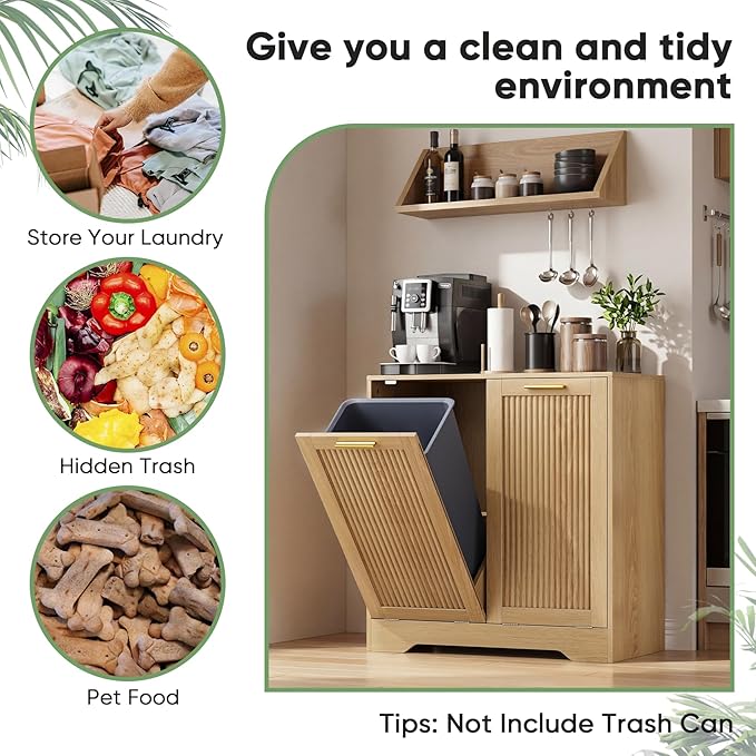 Smuxee Double Tilt Out Laundry Hamper Cabinet, Hidden Laundry Cabinet with Double Baskets, Natural Trash Can with Small Fluted Doors for Bathroom, Kitchen
