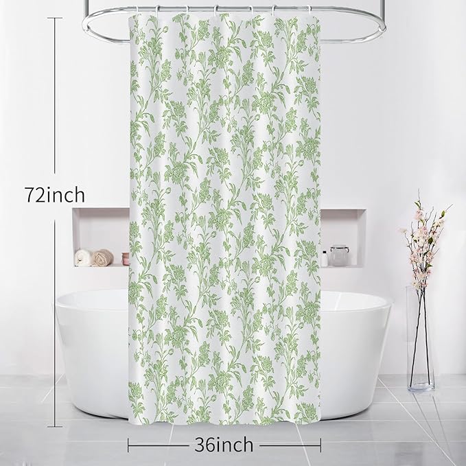 Seorsok Green Shower Curtain,Sage Floral Cotton Linen Cottagecore,Elegant Floral Fabric Shower Curtain Machine Washable Waterproof Bathroom Decor 36'Wx72'L inches