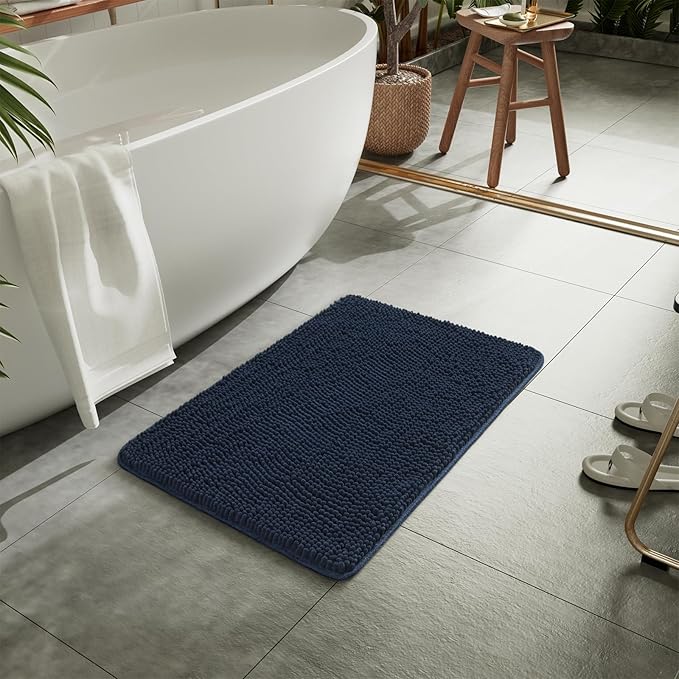 LOCHAS Luxury Bathroom Rug Shaggy Bath Mat 24 x 17 Inch, Washable Non Slip Bath Rugs for Bathroom Shower, Soft Plush Chenille Absorbent Carpets Mats, Navy