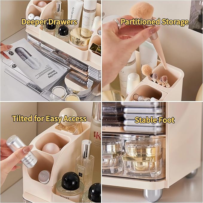 Extra Large Makeup Organizer with 2 Wide Drawers Divided Top Compartment, Spacious Cosmetic Display Case, 4 Colors Skincare Storage box for Vanity and Countertop (Beige)