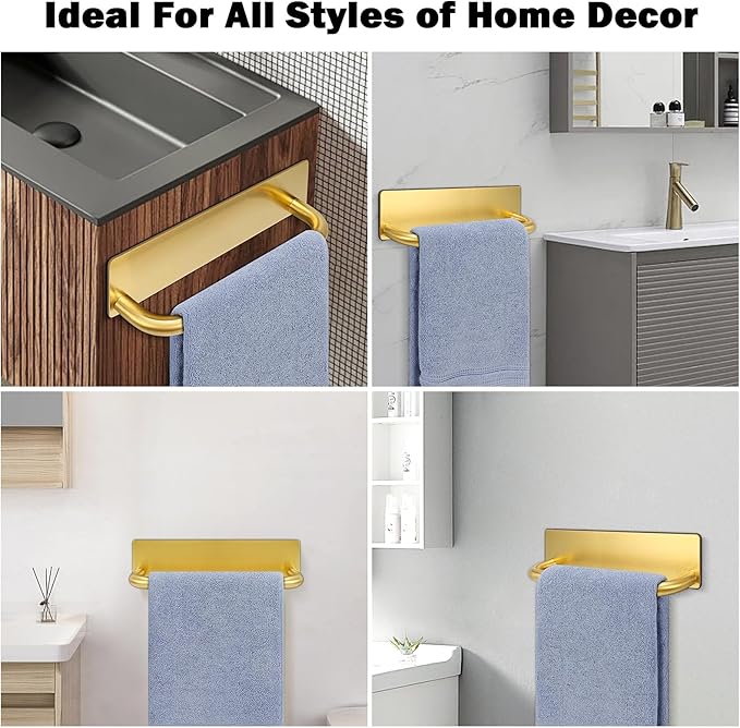 Livabber Self Adhesive Hand Towel Holder- 304 Stainless Steel Hand Towel Bar for Bathroom Kitchen Stick on Wall, Towel Ring No Drilling, 9 Inch (Gold)