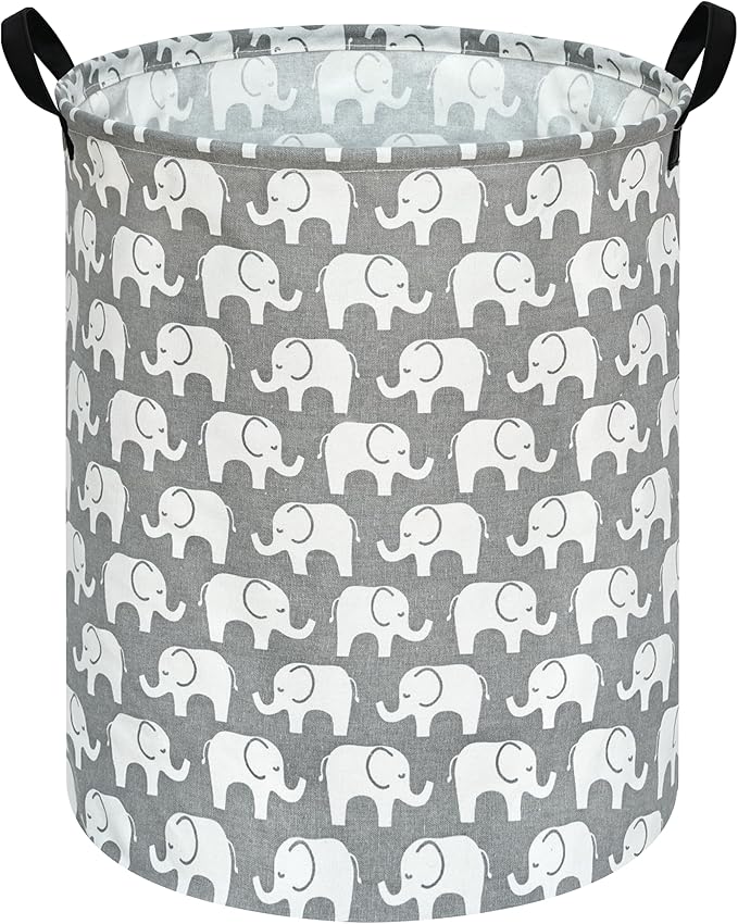 KUNRO Round Laundry Gift Basket Storage Hamper, Clothes Storage Organizer Bins, Shelf Basket with Handles for Room Decor (Elephant)