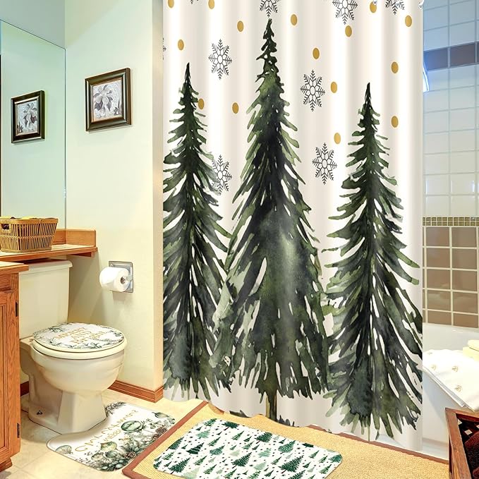 Drydiet 4 Pcs Christmas Shower Curtain Set Bathroom Decoration Non Slip Rugs Mat Toilet Lid Cover Shower Curtain for Xmas Holiday Farmhouse Home Bathroom Decor(Green Christmas)