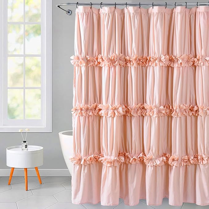 Peach Ruffle 72x96 Inch Shower Curtain, Vintage Handcrafted Bow Tie Bath Curtain for Master Bathroom, Ruched Microfiber Bathroom Curtain with 12 Buttonholes (LQ-10)
