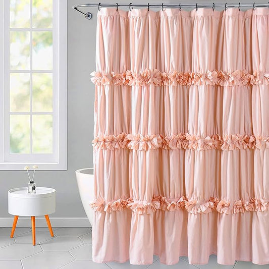 Victorian Ruffle Shower Curtain 72x78 Inches Long, Vintage Handcrafted Bow Tie Bath Curtain for Master Bathroom, Ruched Microfiber Bathroom Curtain with 12 Buttonholes, Peach (LQ-10)