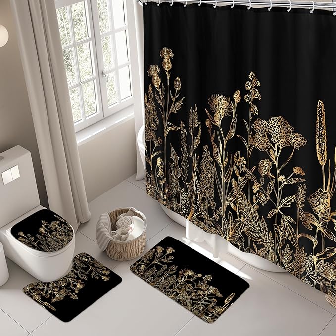 Riyidecor Vintage Black Gold Floral Wildflower 4Pcs Bathroom Shower Curtain Sets Botanical Leaves Bathroom Decor Set with Rugs and Accessories Rustic Toilet Lid Rug, Contour and Bath Mat with 12 Hooks