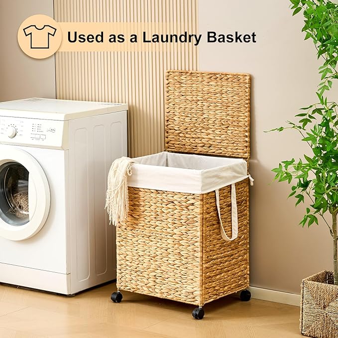 Rolling Laundry Hamper with Lid, Natural Water Hyacinth Basket with Removable Liner, Wheel or Non-Slip Installation Laundry Basket for Home Use (Natural, 100L)