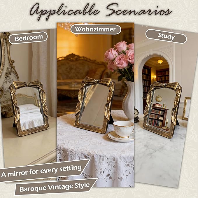 Vintage Rectangular Vanity Desk Mirror - 8x6Inch Wall-Mounted & Tabletop Decorative Ornate Gold Accent Retro Makeup Mirror for Bedroom Dresser Living Room Bathroom Dorm Champagne Gold
