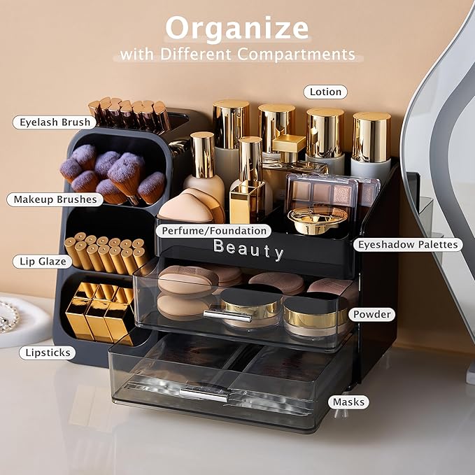 Makeup Organizer for Vanity with Brush Holder, Countertop Makeup organizer with Drawers for Skincare, Cosmetics, Perfumes, Eyeshadow Palettes, Spacious Cosmetic storage organizer