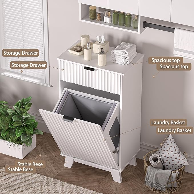 Wodeer Tilt Out Laundry Hamper Cabinet with Storage and Drawer, 10 Gallon Fluted Hidden Trash Can Cabinet, Farmhouse Wood Laundry Basket Cabinets for Bathroom, Kitchen, White