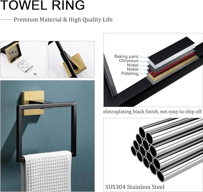 TQKAG Black and Gold Towel Ring Bathroom Hand Towel Holder Stainless Steel Square Towel Bar Hangers Wall Mounted