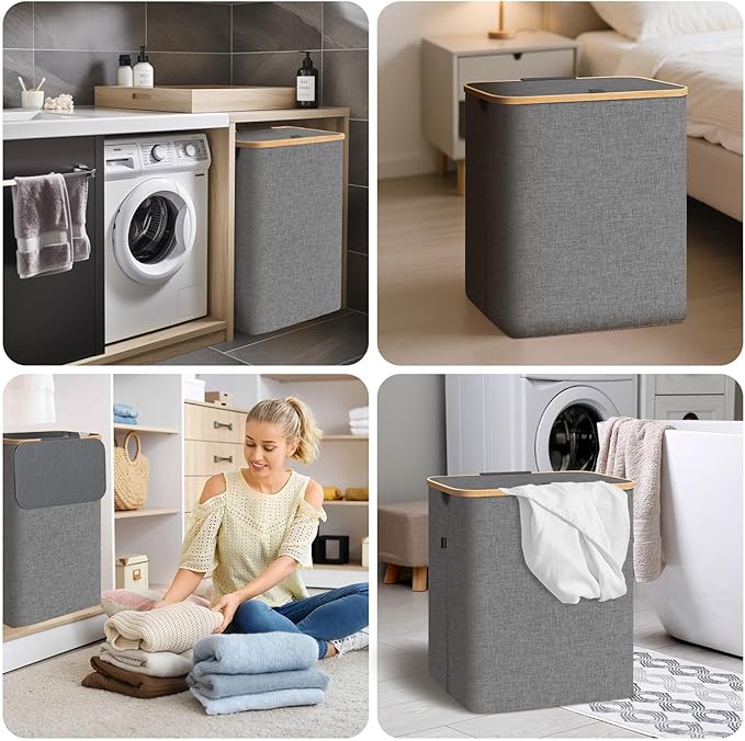 BALEINE Laundry Hamper with Lid, Tall Laundry Baskets with Bamboo Pull Handles, Large Laundry Bin with Internal Support (26 Gal/100L, Grey) (Pack of 2)