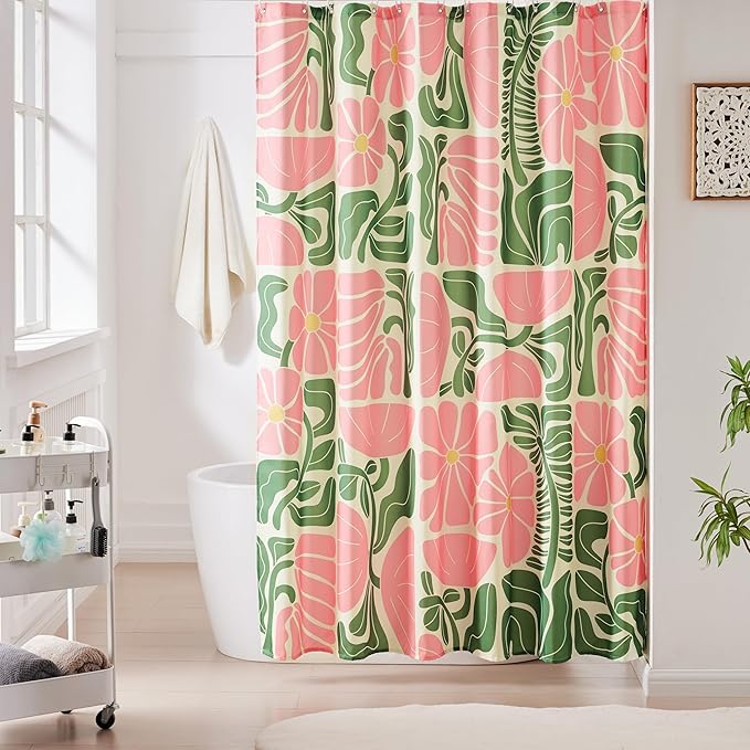 Mid Century Modern Abstract Geometric Colorful Boho Shower Curtains for Bathroom, Cute Pink Floral Bathroom Shower Curtain, Vintage Retro Bath Curtain, Waterproof Shower Curtain 72''x72''