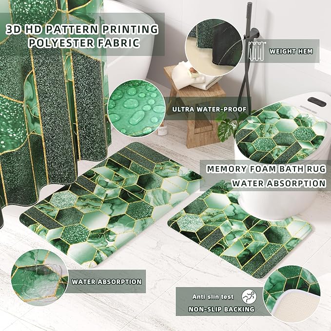 XLHOMO Bathroom Set - 26PC Bathroom Set with Shower Curtain and Rugs, Bathroom Accessory Set, Dark Green Bathroom Accessories Set, Trash Can & Soap Dispenser