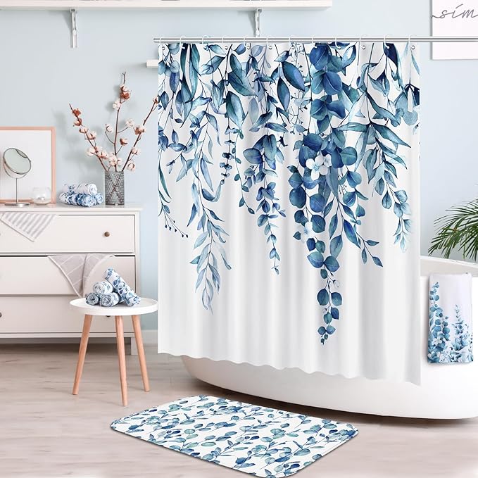 Tatuo 8 Pcs Blue Eucalyptus Shower Curtain Set Blue Eucalyptus Theme Bathroom Accessories Sets Decor Nautical Coastal Waterproof Shower Curtain with Towels Carpet Bath Mat Toilet Rugs and 12 Hooks