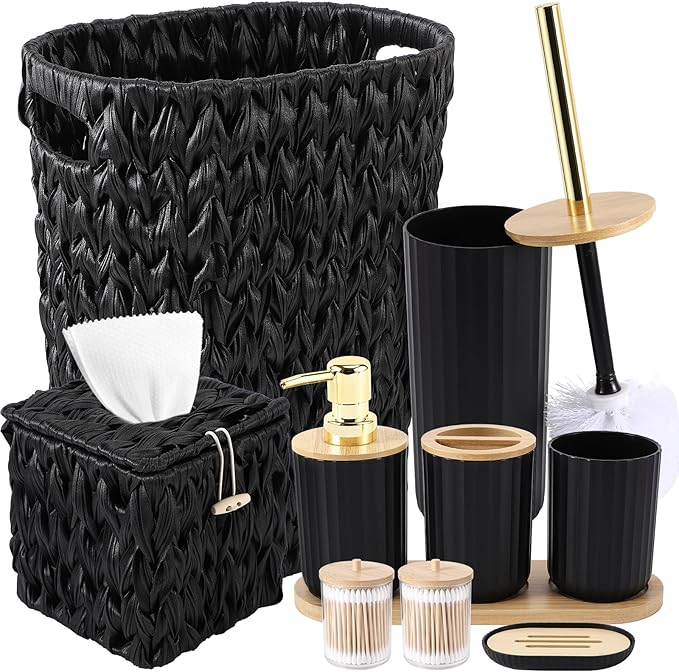 Bathroom Accessories Set - 10PCS Bathroom Set with Handwoven Trash Can,Shower Curtain,Toilet Brush Holder Set,Tissue Holder & Soap Dispenser for Bathroom Décor and Housewarming Gifts (Black, Bath Set)