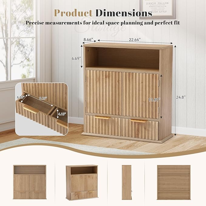 Fluted Bathroom Wall Cabinet with Drawers, Wooden Medicine Cabinet Organizer Over The Toilet, Wall Mounted Storage Cabinet with Open Shelf for Bathroom, Kitchen, and Laundry Room (Walnut)
