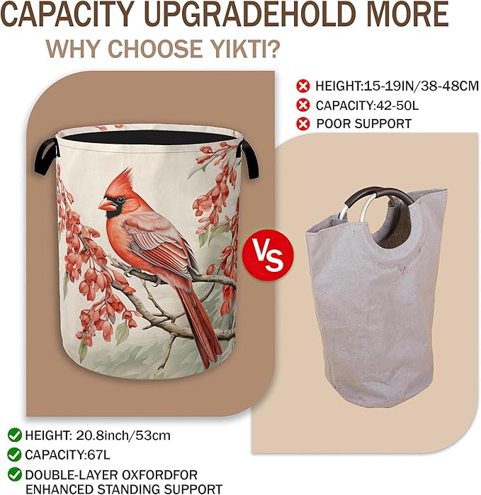Vintage Cardinal Bird Laundry Hamper,Red Flower Collapsible Laundry Baskets,Waterproof Oxford Cloth Laundry Room Organization for Bedroom,Bathroom,Nursery,16x20 Inch