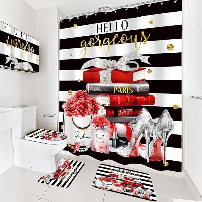 Cinbloo 4Pcs Black Red Burgundy Shower Curtain Set, Fashion Flower Perfume Women Girly Modern Bathroom Curtain with Rug, Toilet Lid Cover, Bath Mat, High Heels Magazine Shower Curtain with 12 Hooks