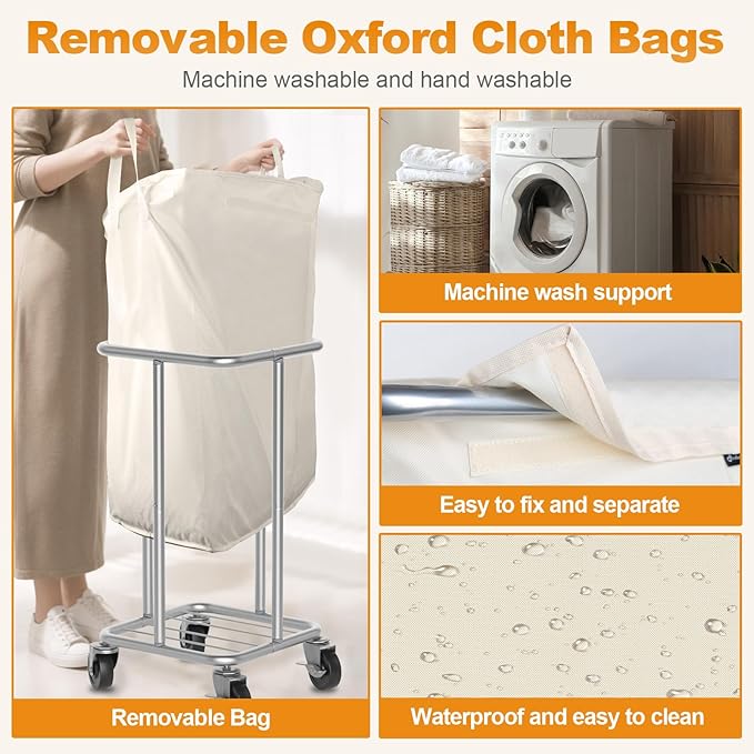 Hodonas Laundry Basket with Wheels, 115L Rolling Laundry Hamper Large Dirty Clothes Hamper Cart with Steel Frame and Removable Bag, Bedroom Bathroom Dorm Room Laundry Room Organization Hampers, Beige