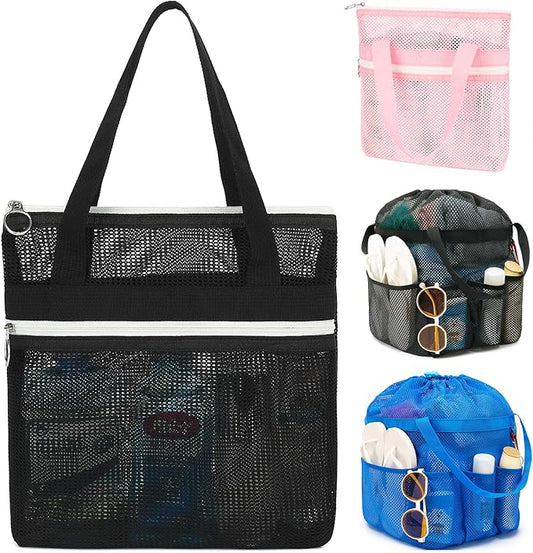 Fammart Mesh Shower Caddy Portable with Zipper & 2 Pockets - Quick Dry Shower Bag Toiletry Tote Hanging for Travel Gym Camp Beach - Organizer Bag Bathroom Essentials for College Dorm